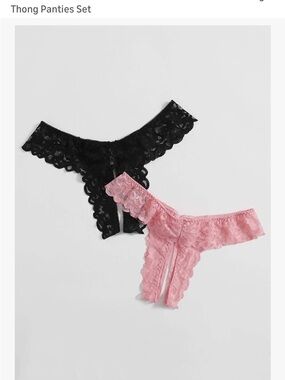 Lace Ruffle Open-Front Thong Panties - Peach and Black
